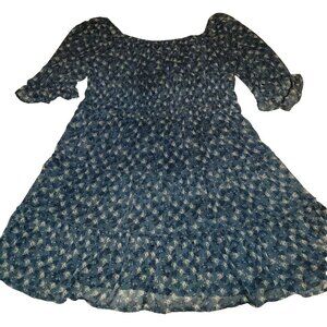 TRIXXI 3XL Women Ruffled Smocked Tiered Blue Floral Pouf Sleeve Square Neck